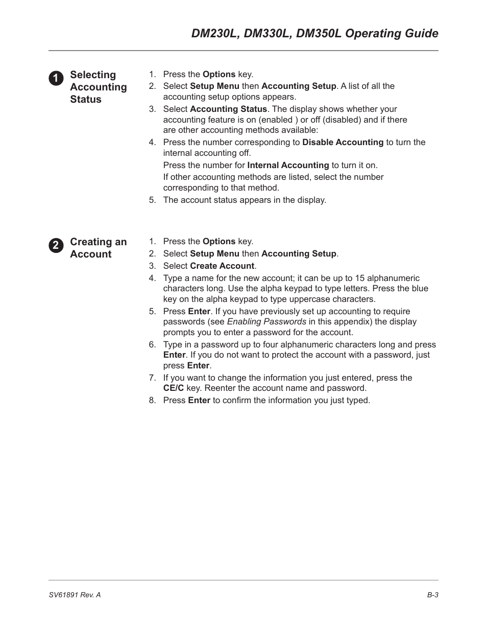 Selecting accounting status, Creating an account | Pitney Bowes DM230L User Manual | Page 146 / 158