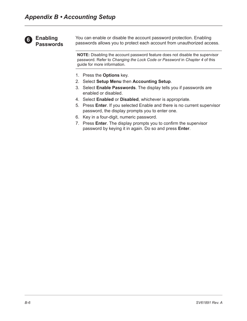 Enabling passwords, Appendix b • accounting setup | Pitney Bowes DM230L User Manual | Page 149 / 158