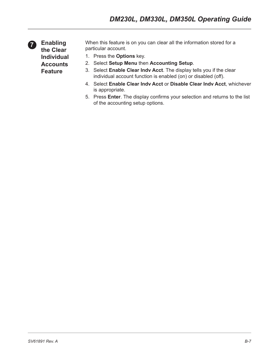Enabling the clear individual accounts feature | Pitney Bowes DM230L User Manual | Page 150 / 158