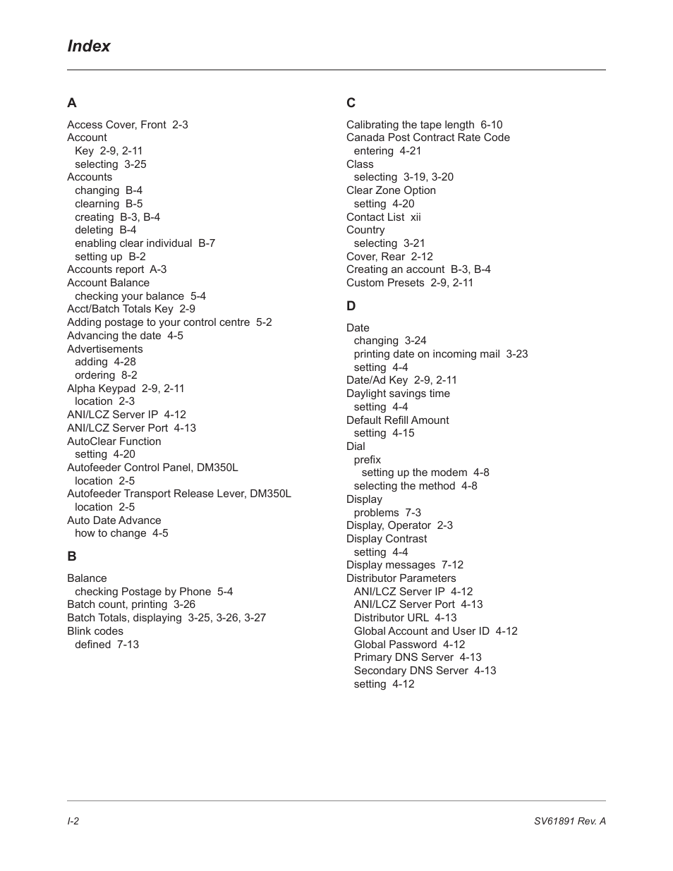 Index | Pitney Bowes DM230L User Manual | Page 153 / 158