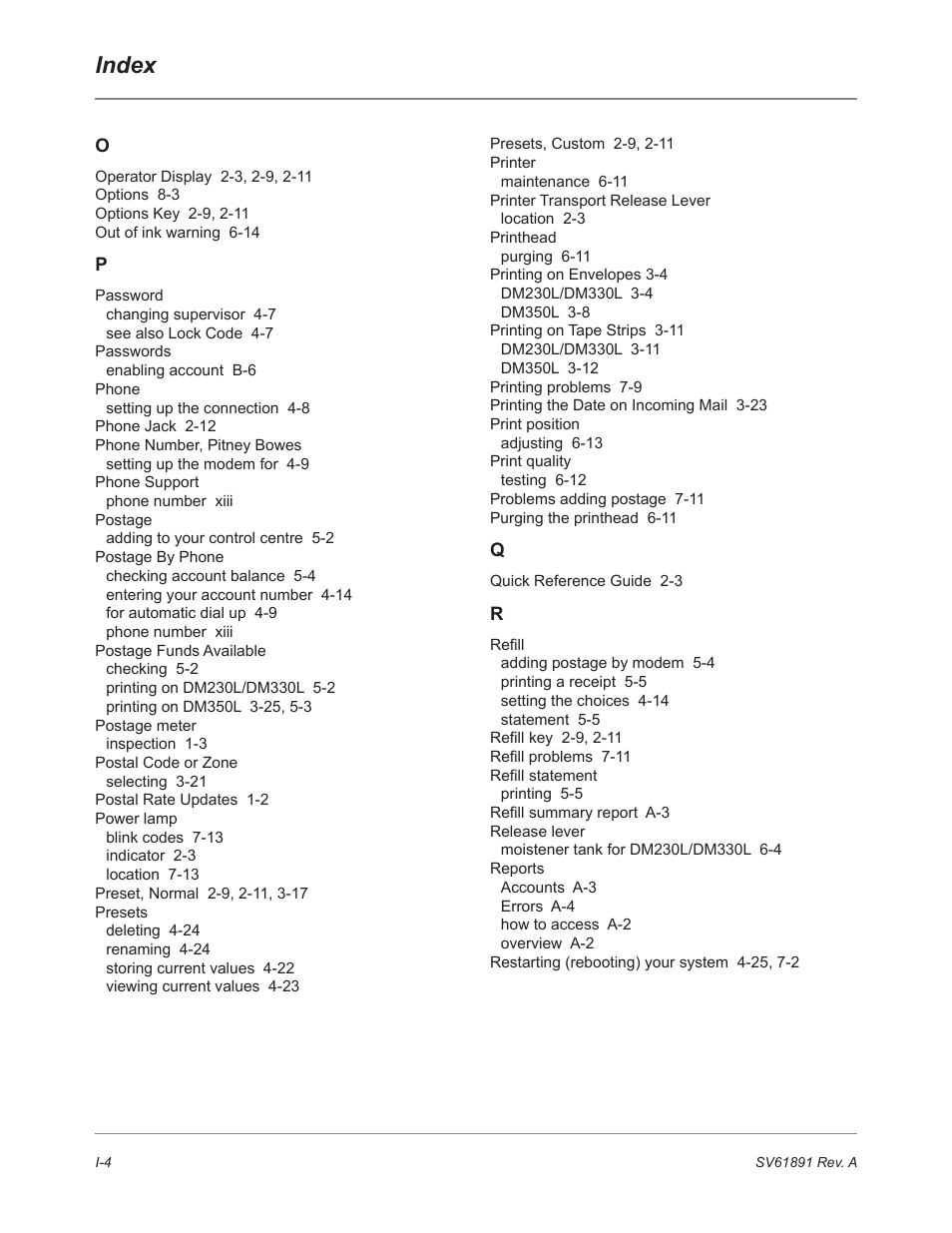 Index | Pitney Bowes DM230L User Manual | Page 155 / 158