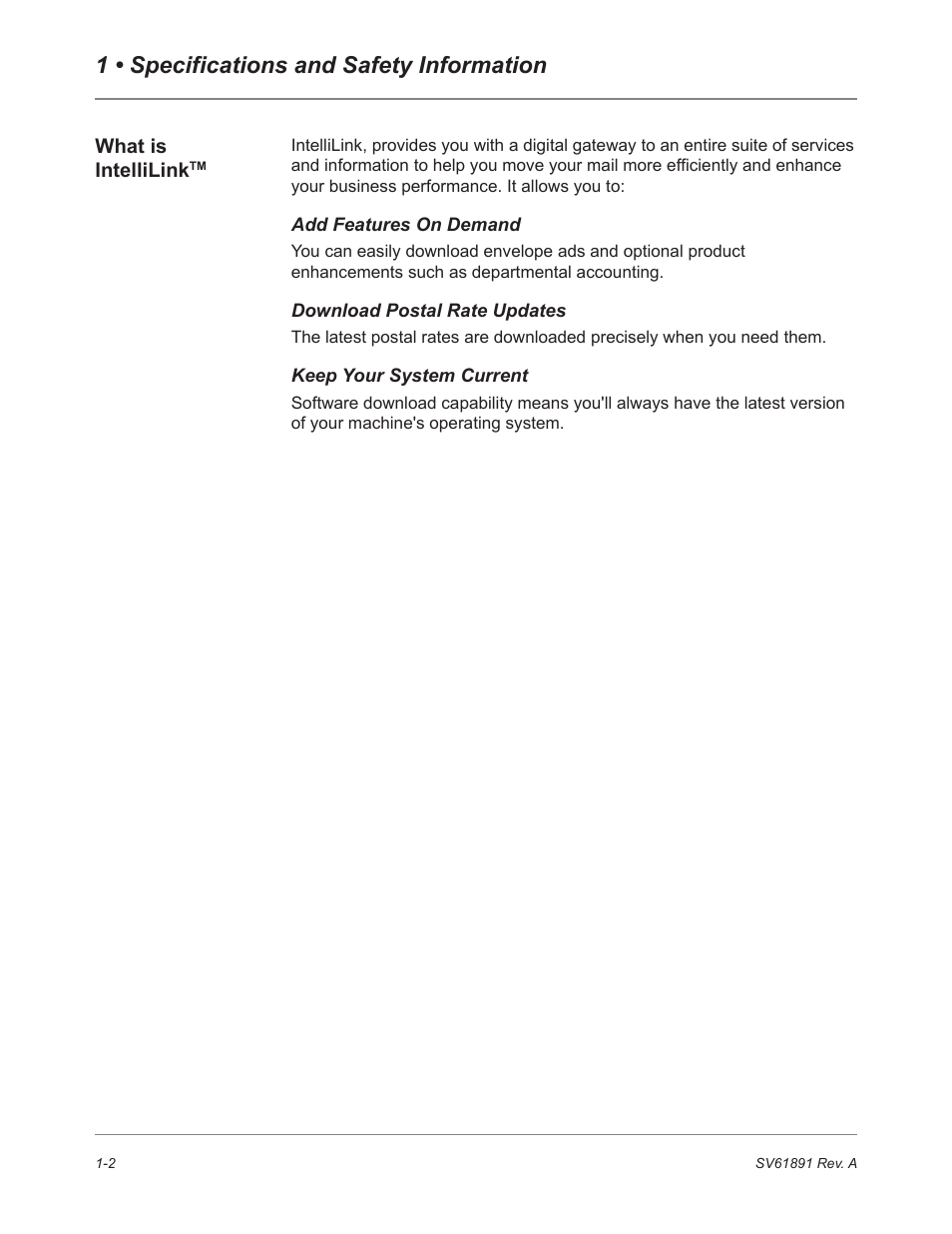 What is intellilinktm, Add features on demand, Download postal rate updates | Keep your system current, 1 • specifications and safety information | Pitney Bowes DM230L User Manual | Page 17 / 158