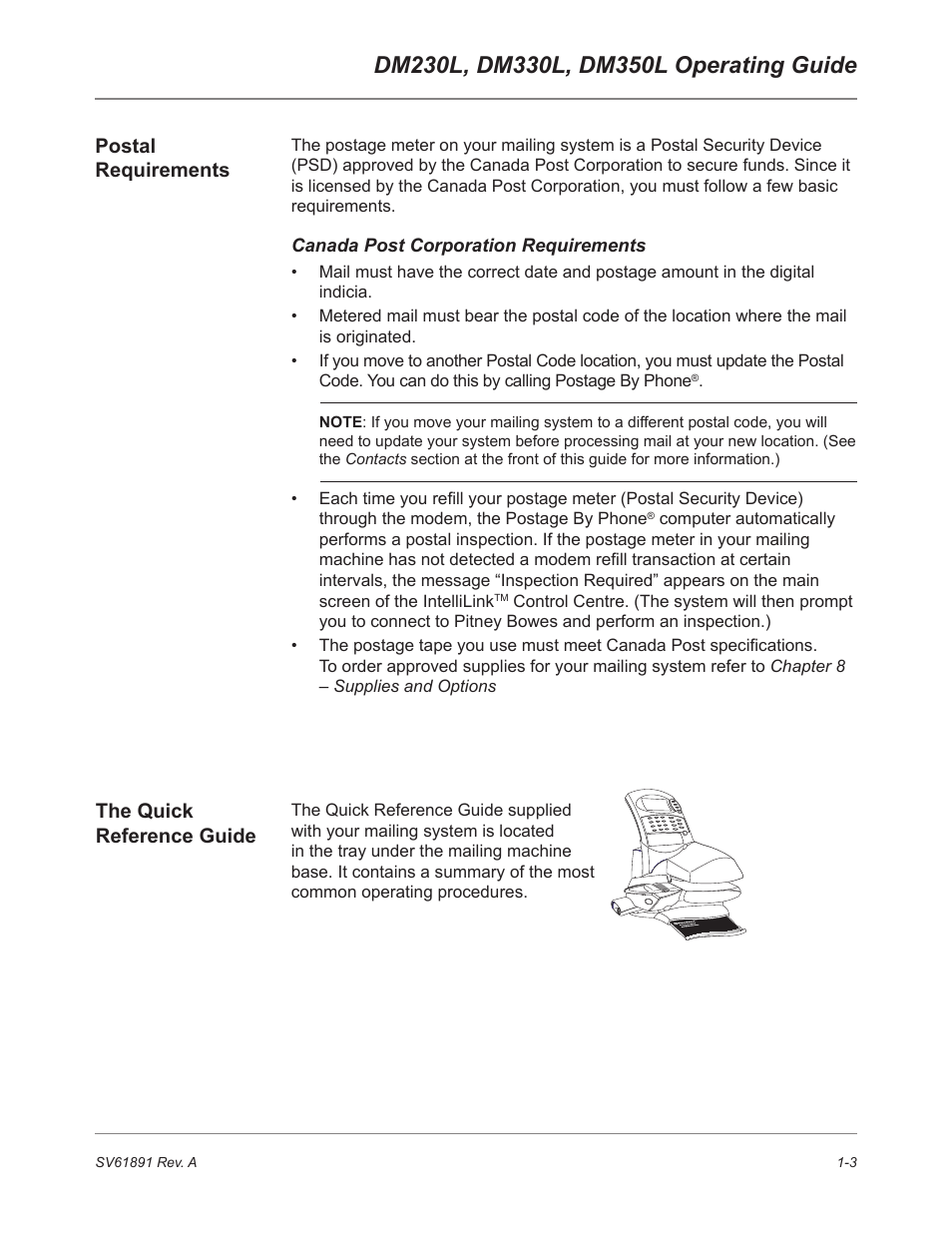 Postal requirements, Canada post corporation requirements, The quick reference guide | Pitney Bowes DM230L User Manual | Page 18 / 158