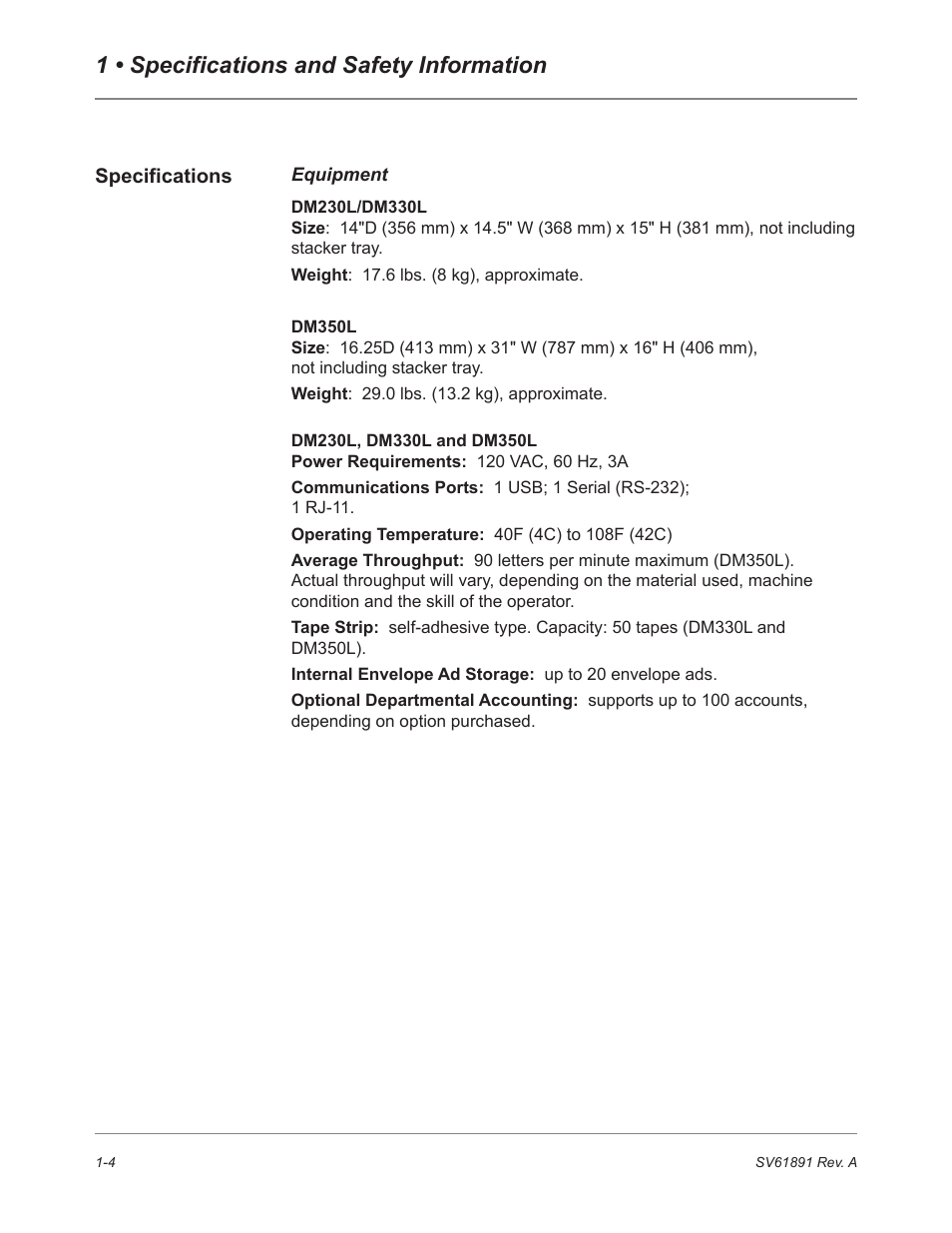 Specifications, Equipment, 1 • specifications and safety information | Pitney Bowes DM230L User Manual | Page 19 / 158