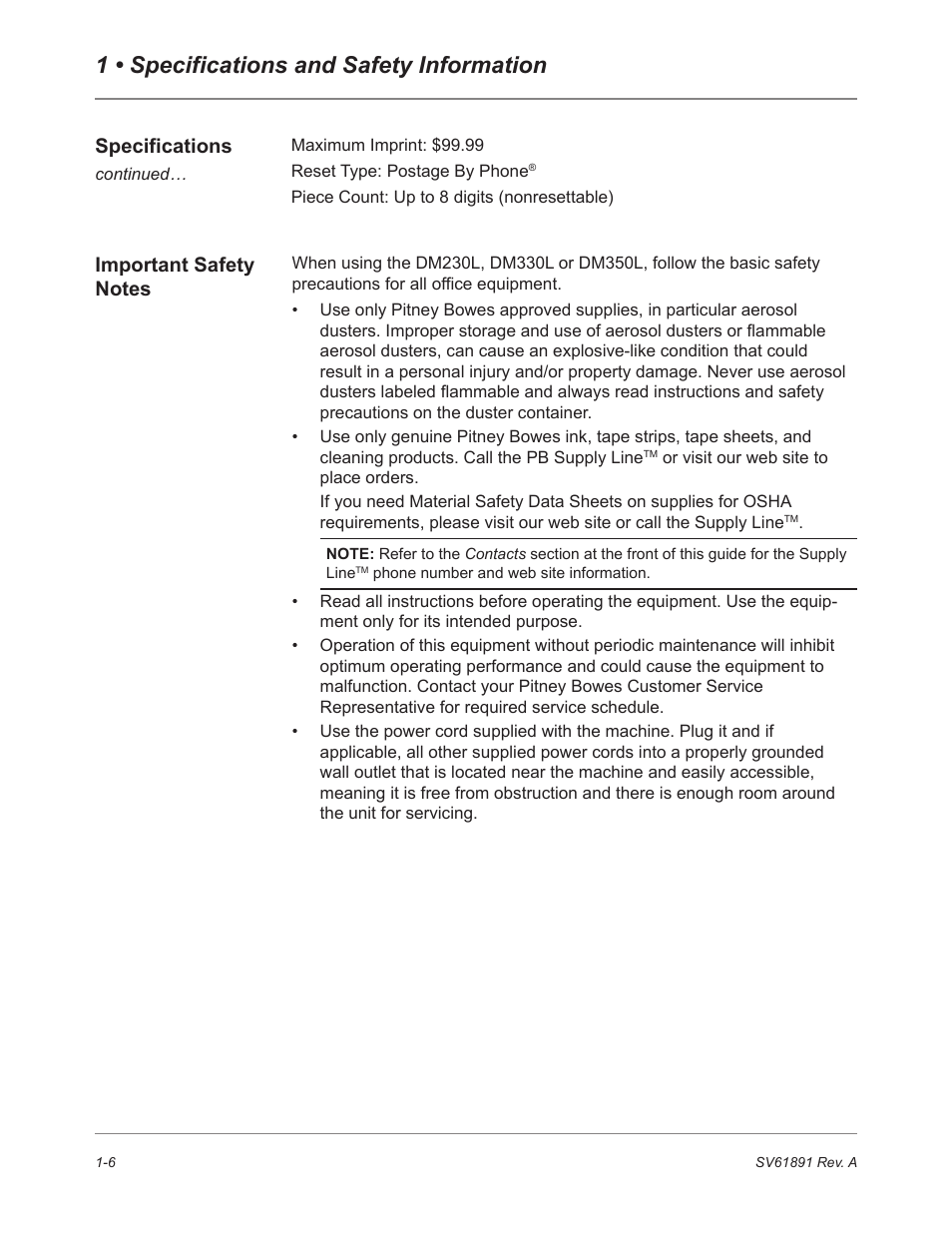 Important safety notes, 1 • specifications and safety information | Pitney Bowes DM230L User Manual | Page 21 / 158