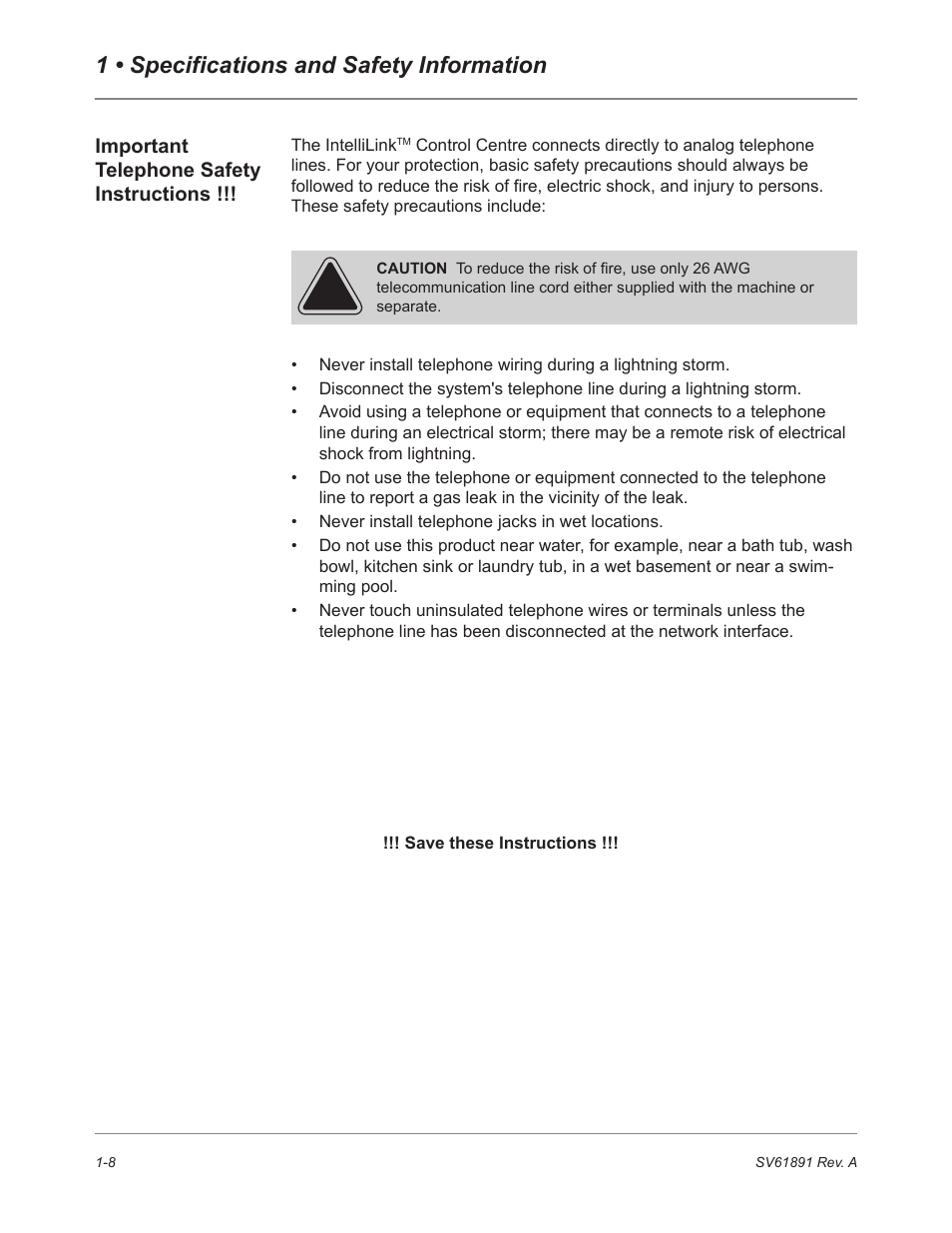 Important telephone safety instructions, 1 • specifications and safety information | Pitney Bowes DM230L User Manual | Page 23 / 158