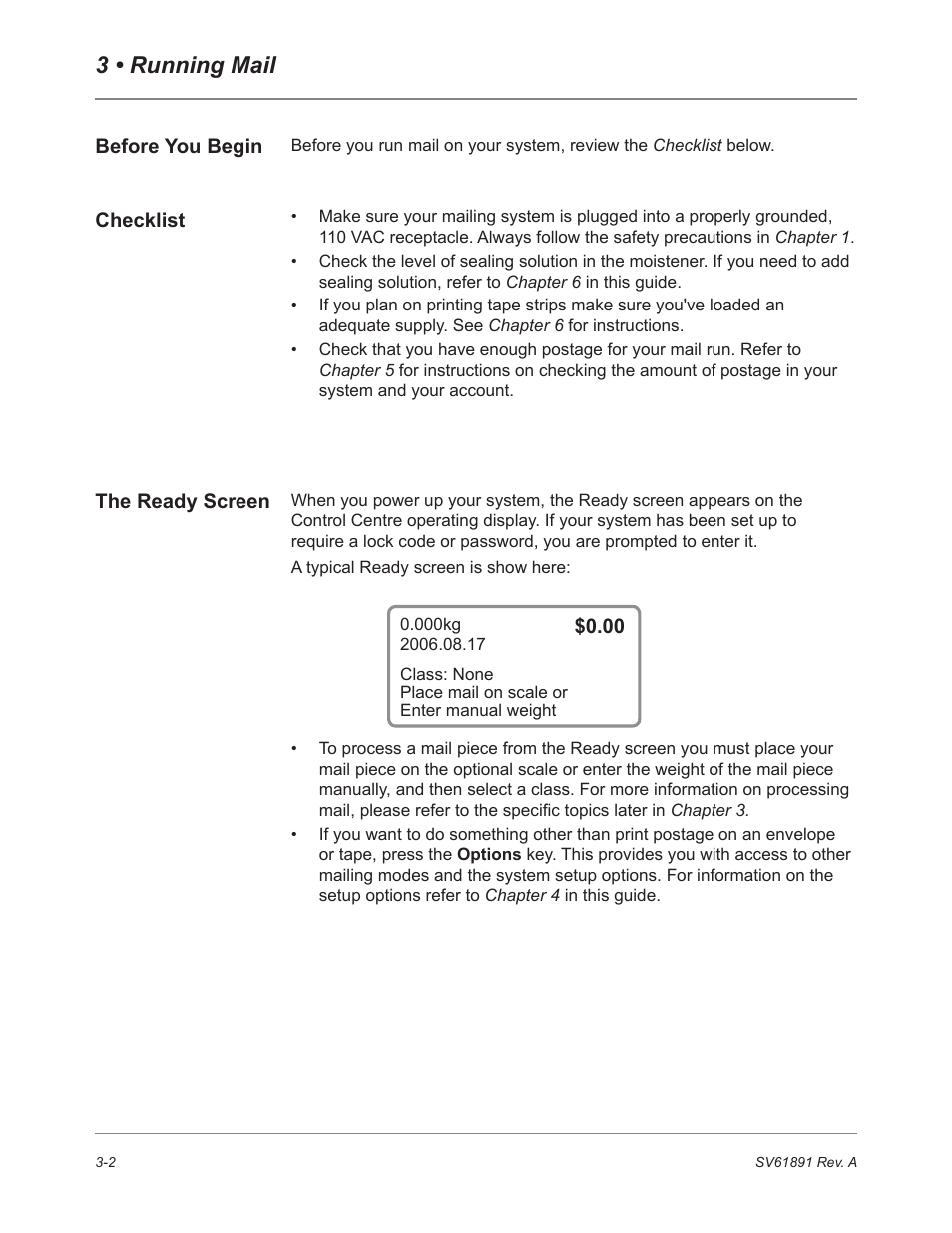 Before you begin, Checklist, The ready screen | 3 • running mail | Pitney Bowes DM230L User Manual | Page 37 / 158