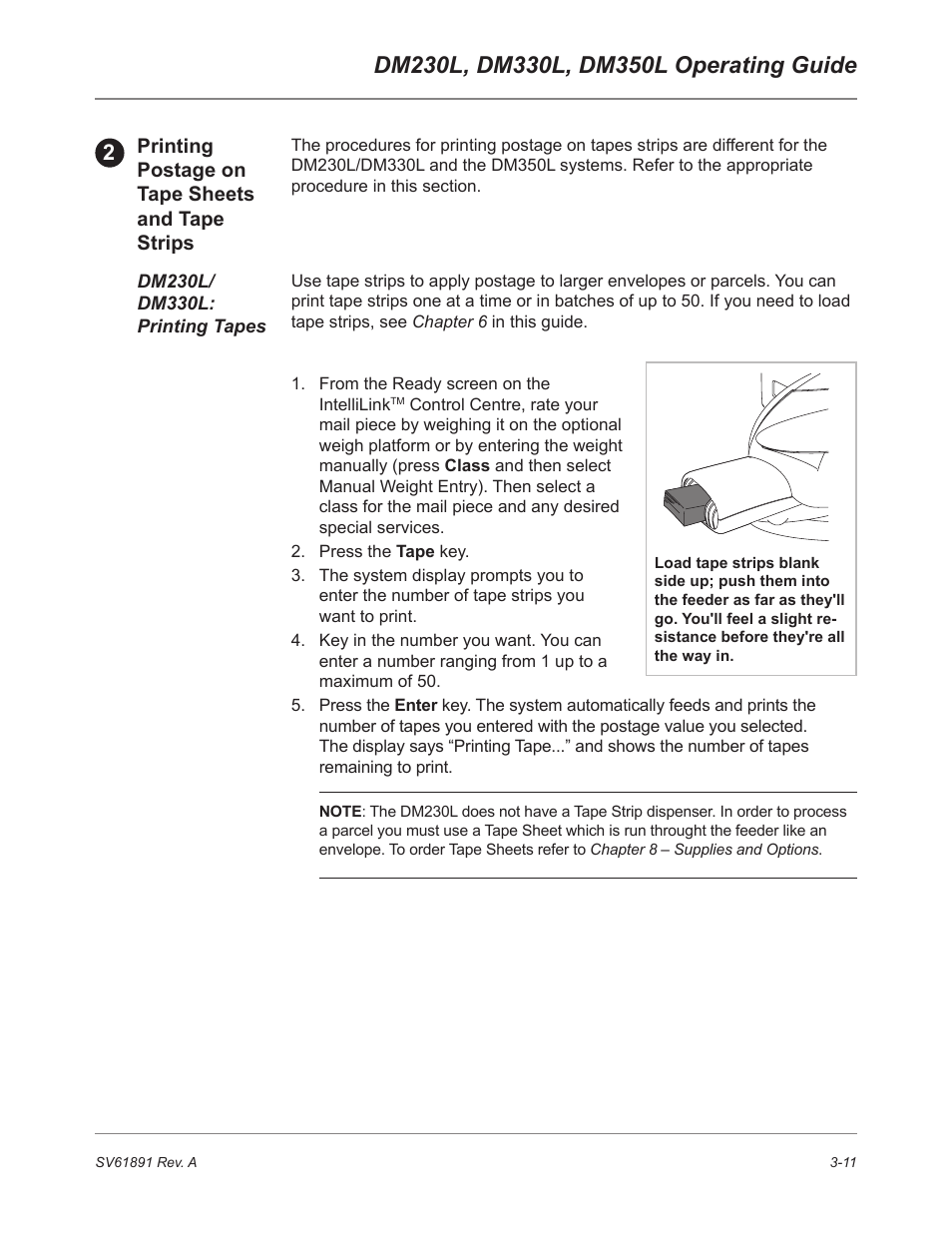 Printing postage on tape strips, Dm230l/dm330l: printing tapes | Pitney Bowes DM230L User Manual | Page 46 / 158