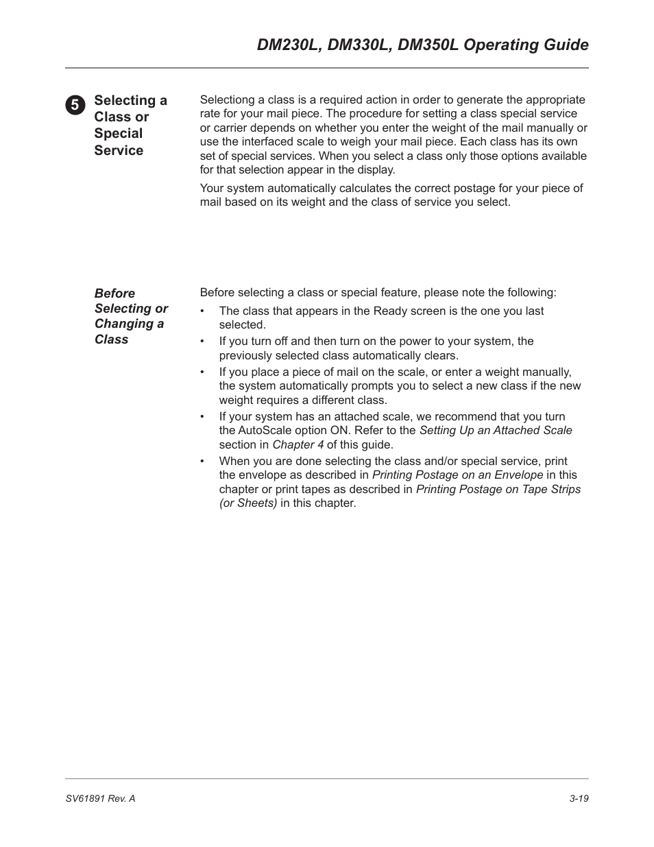 Selecting a class or special service, Before selecting or changing a class | Pitney Bowes DM230L User Manual | Page 54 / 158