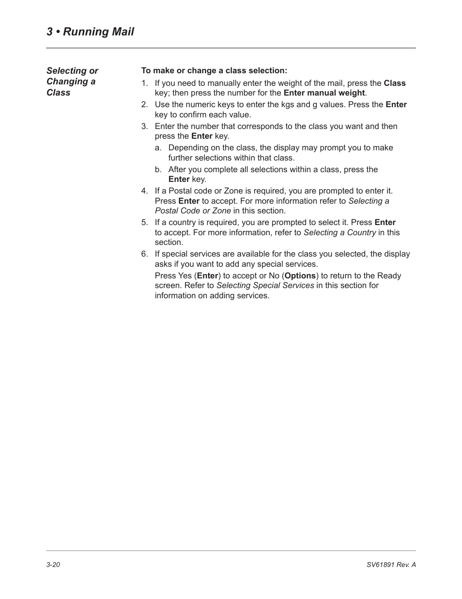 Selecting or changing a class, 3 • running mail | Pitney Bowes DM230L User Manual | Page 55 / 158