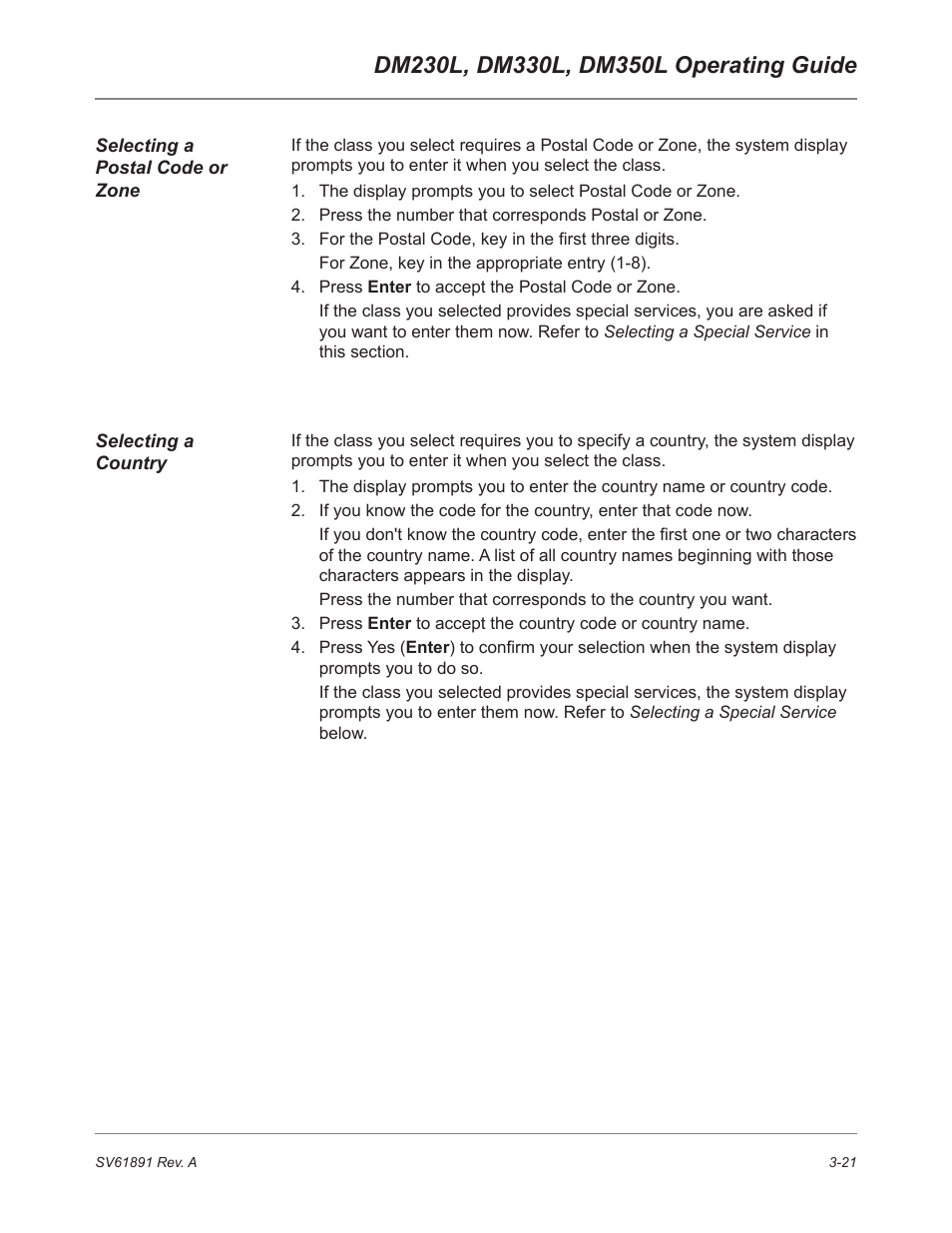 Selecting a postal code or zone, Selecting a country | Pitney Bowes DM230L User Manual | Page 56 / 158