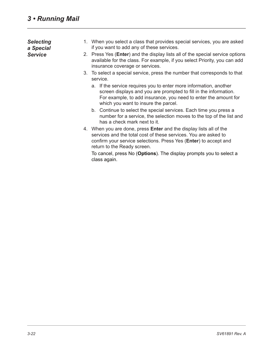 Selecting a special service, 3 • running mail | Pitney Bowes DM230L User Manual | Page 57 / 158
