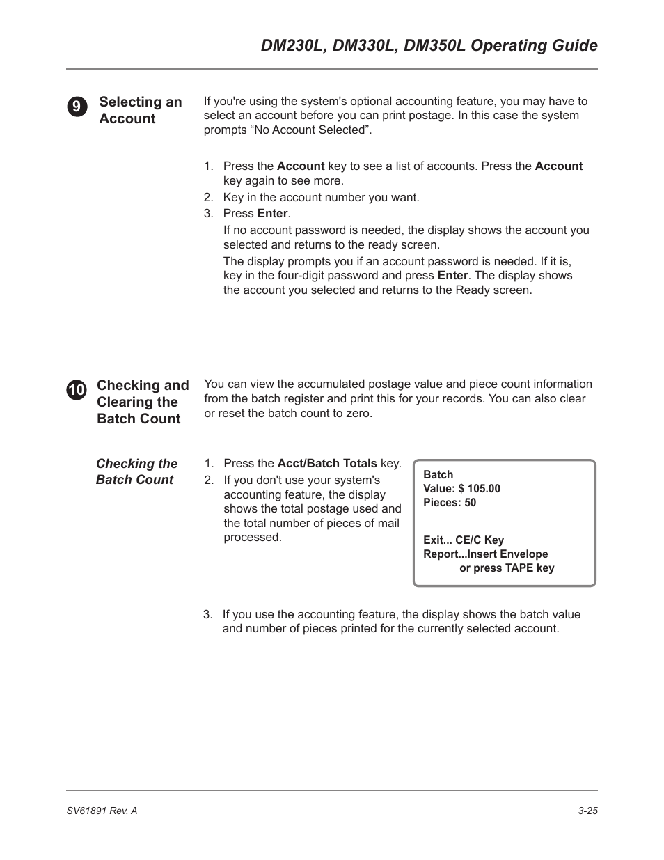Selecting an account, Checking and clearing the batch count, Checking the batch count | Pitney Bowes DM230L User Manual | Page 60 / 158