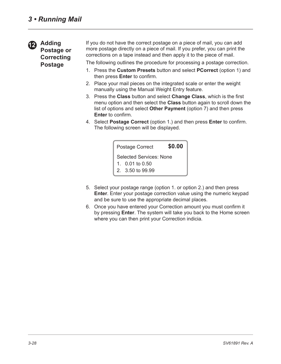 Adding or correcting postage, 3 • running mail | Pitney Bowes DM230L User Manual | Page 63 / 158