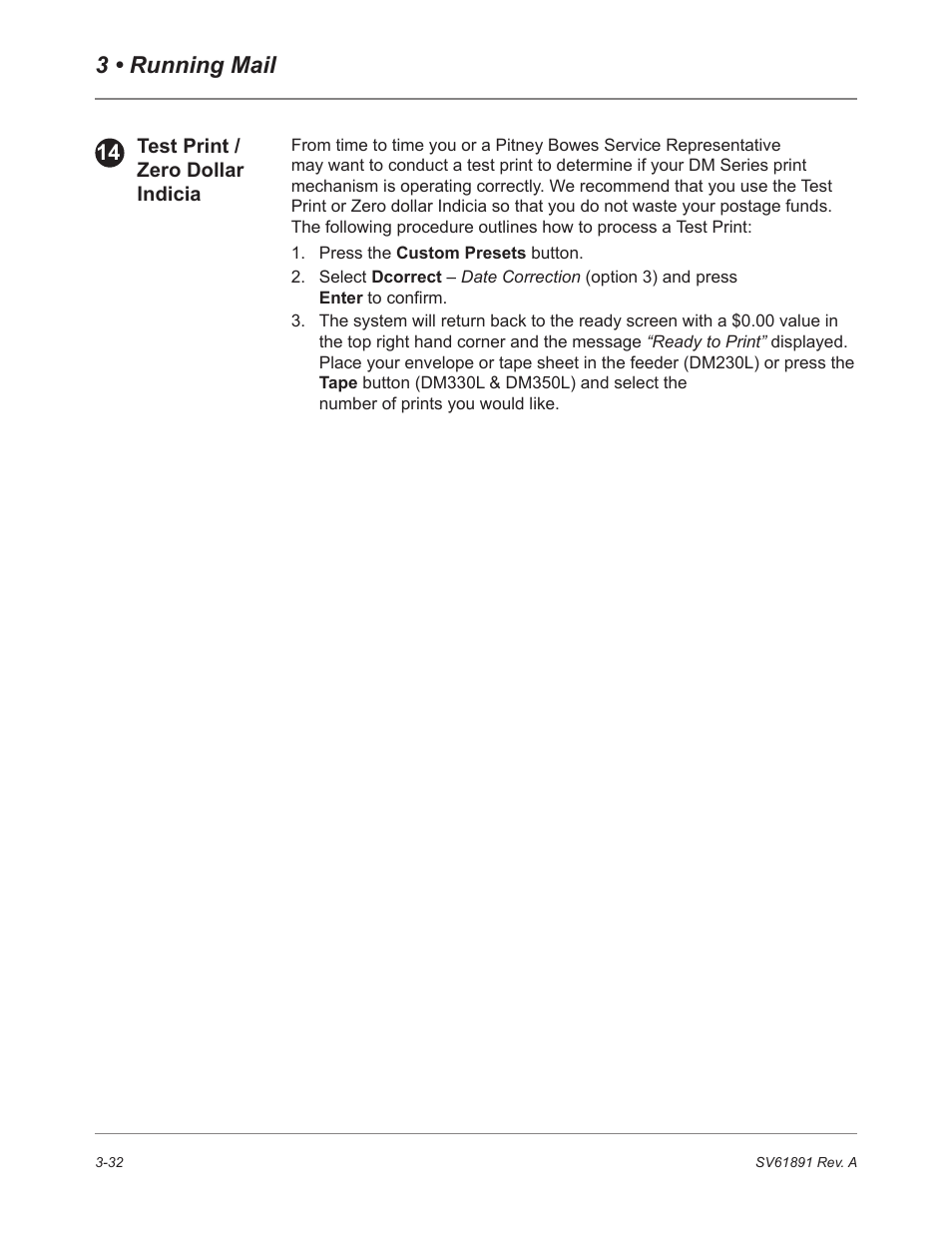 Test print / zero dollar indicia, 3 • running mail | Pitney Bowes DM230L User Manual | Page 67 / 158