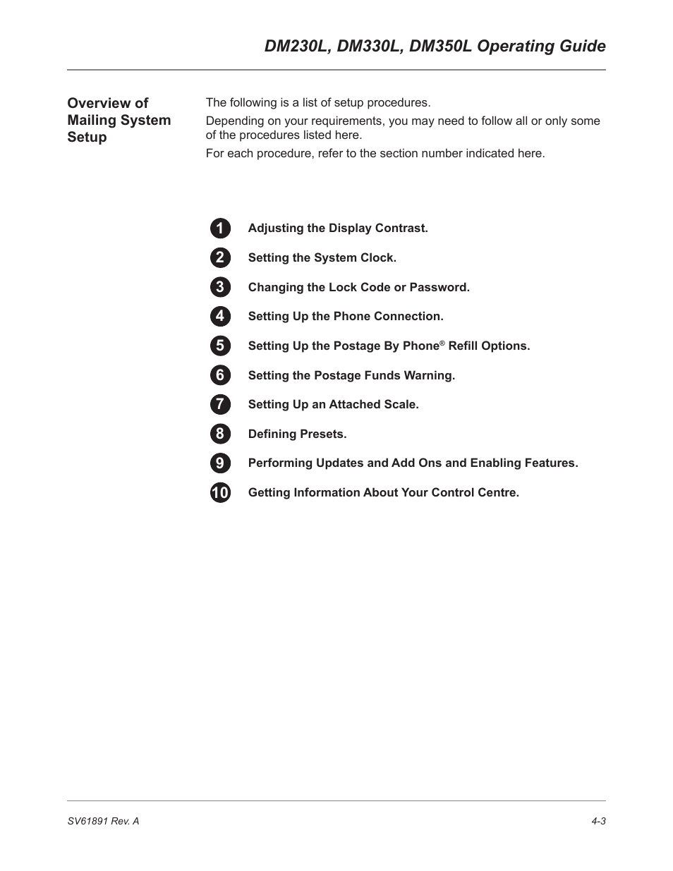 Overview of mailing system setup | Pitney Bowes DM230L User Manual | Page 70 / 158