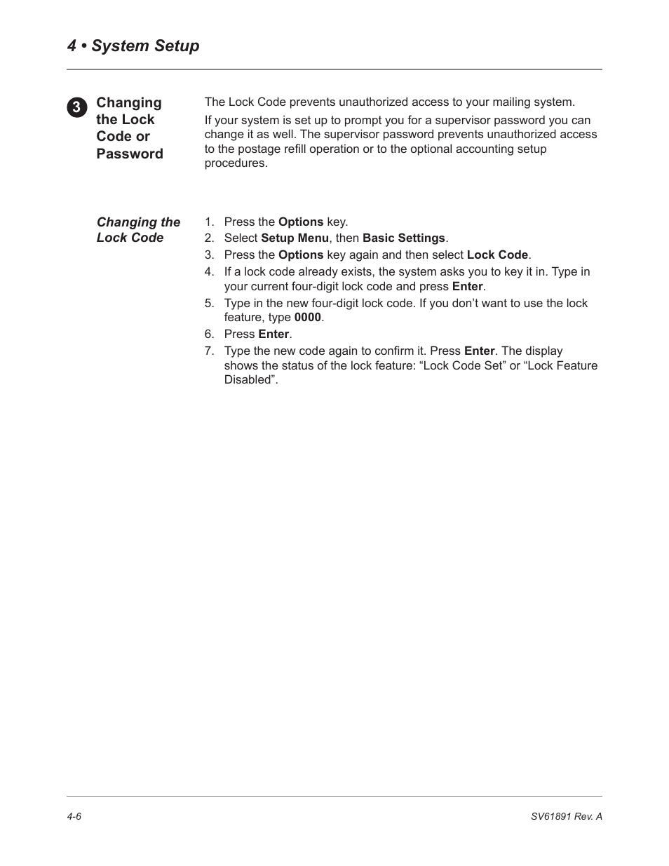 Changing the lock code or password, Changing the lock code, 4 • system setup | Pitney Bowes DM230L User Manual | Page 73 / 158