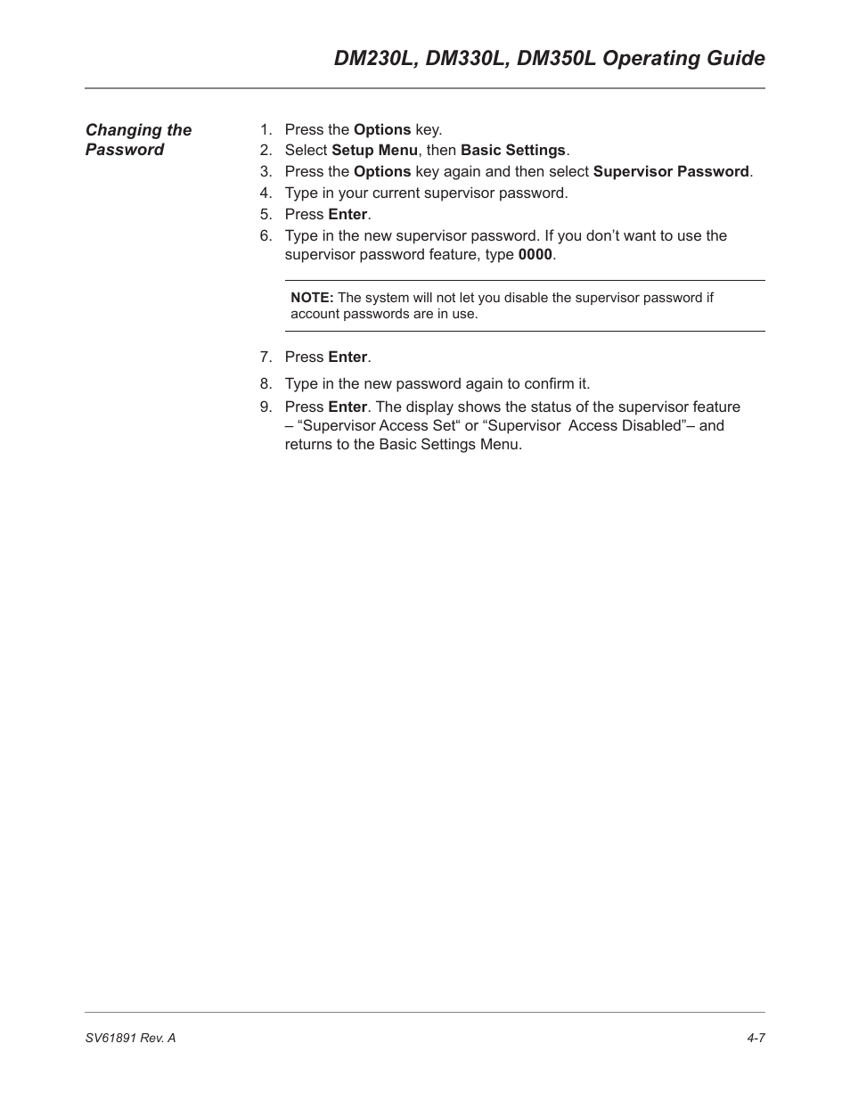 Changing the password | Pitney Bowes DM230L User Manual | Page 74 / 158
