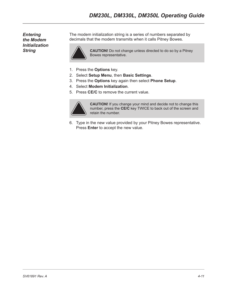 Entering the modem initialization string | Pitney Bowes DM230L User Manual | Page 78 / 158