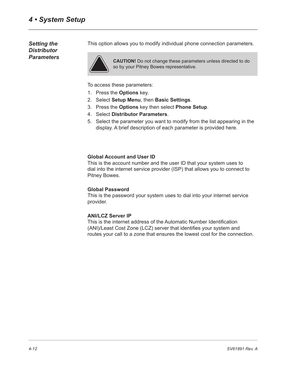 Setting the distributor parameters, 4 • system setup | Pitney Bowes DM230L User Manual | Page 79 / 158