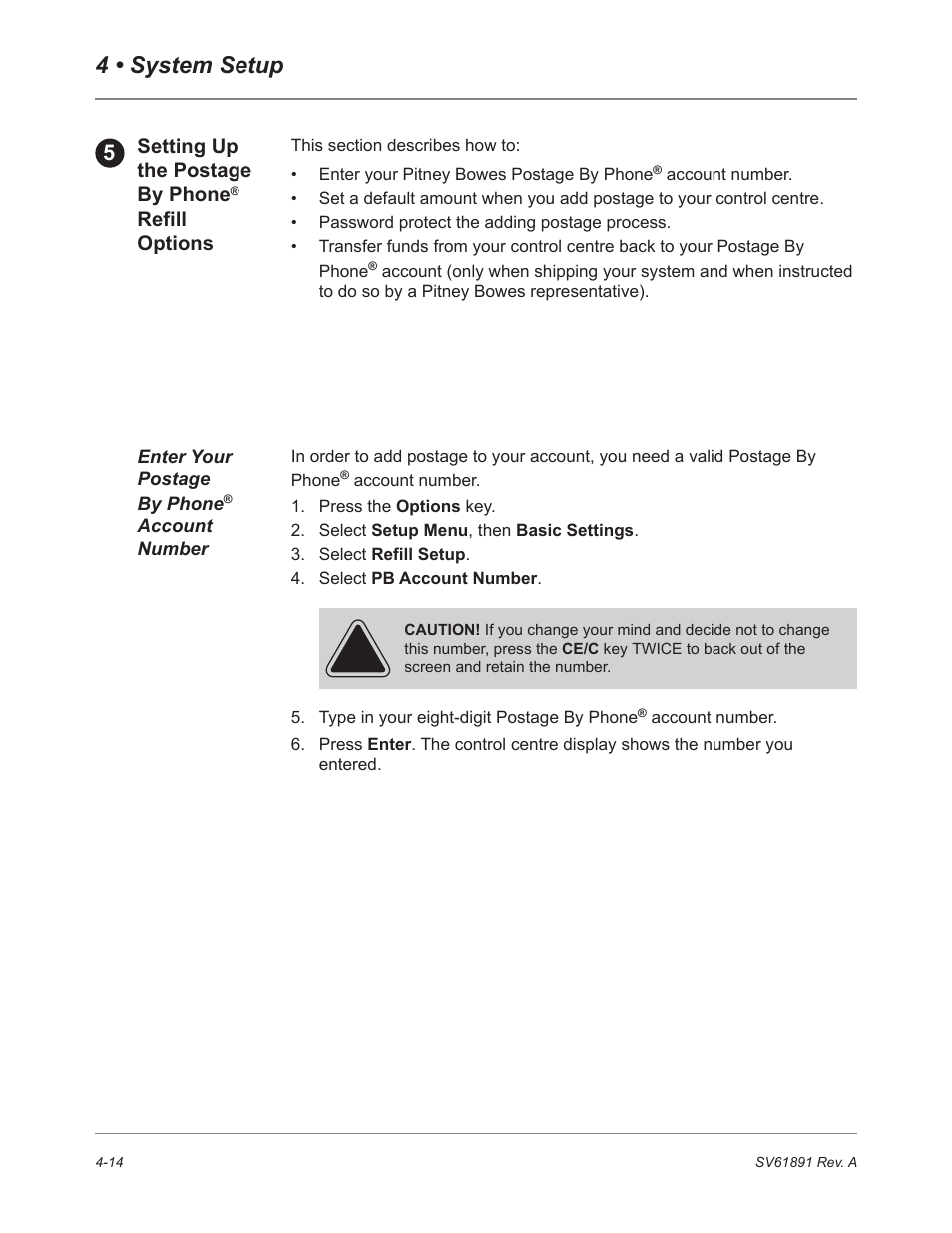 Setting up the postage by phone® refill options, Enter your postage by phone® account number, 4 • system setup | Setting up the postage by phone, Refill options | Pitney Bowes DM230L User Manual | Page 81 / 158