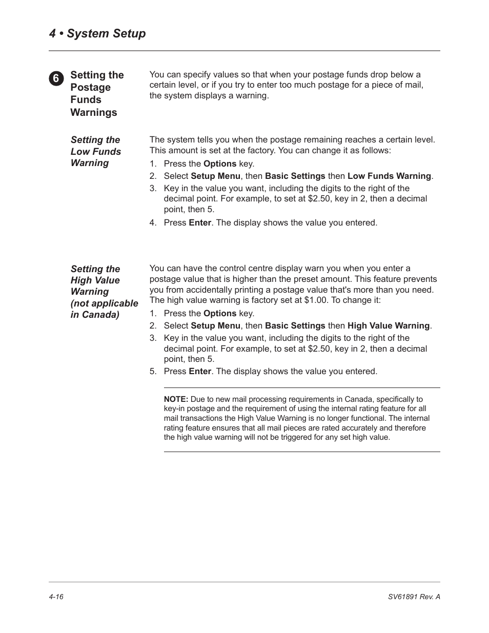 Setting the postage funds warnings, Setting the low funds warning, Setting the high value warning | 4 • system setup | Pitney Bowes DM230L User Manual | Page 83 / 158
