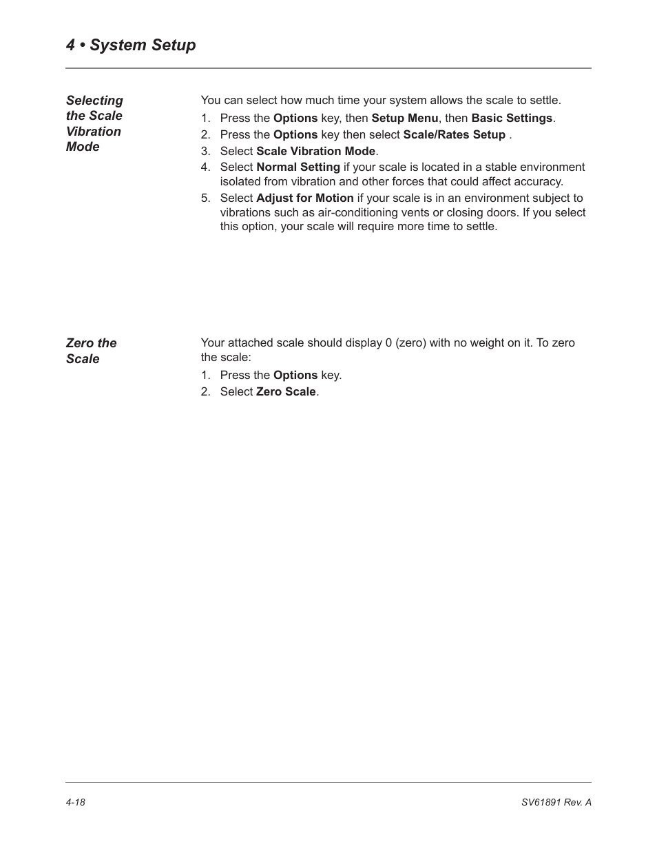 Selecting the scale vibration mode, Zero the scale, 4 • system setup | Pitney Bowes DM230L User Manual | Page 85 / 158