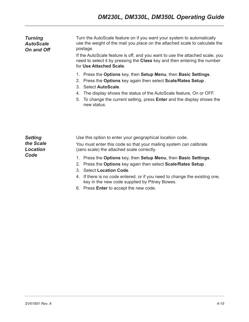 Turning autoscale on and off, Setting the scale location code | Pitney Bowes DM230L User Manual | Page 86 / 158