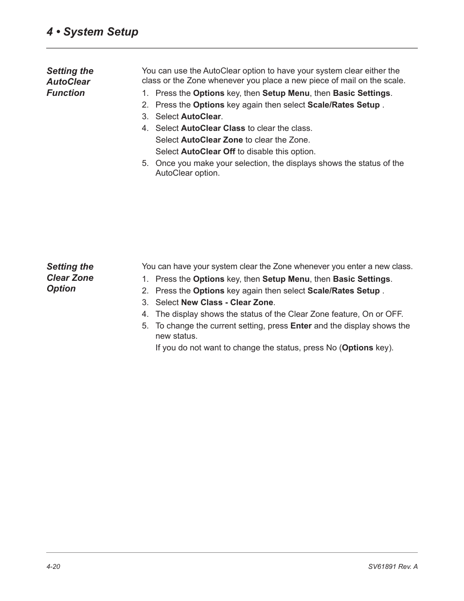 Setting the autoclear function, Setting the clear zone option, 4 • system setup | Pitney Bowes DM230L User Manual | Page 87 / 158