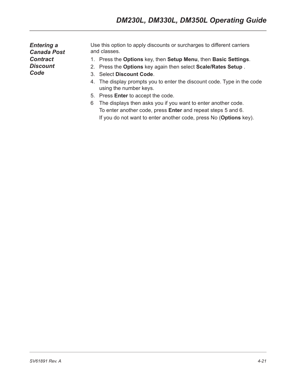 Entering a canada post contract discount code | Pitney Bowes DM230L User Manual | Page 88 / 158