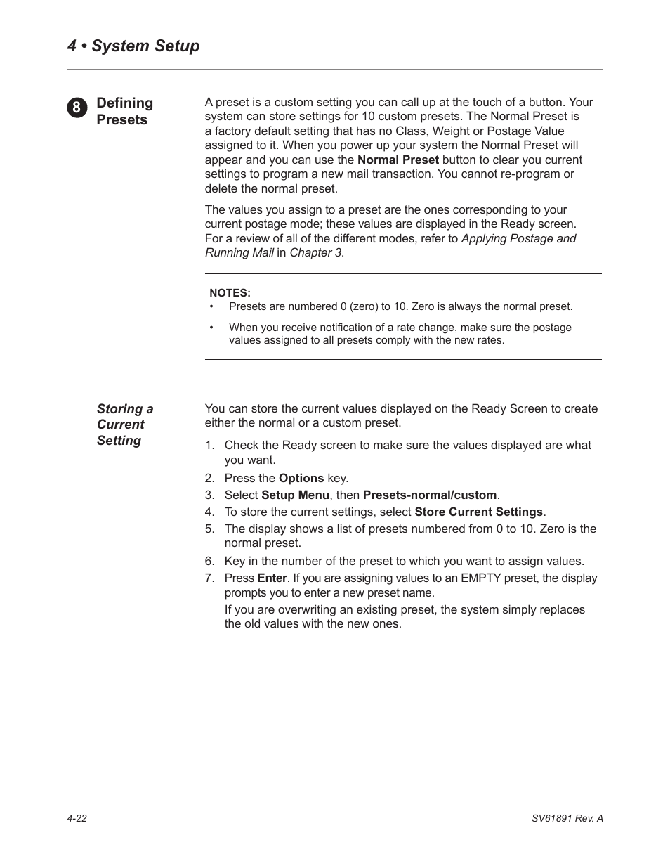 Defining presets, Storing a current setting, 4 • system setup | Pitney Bowes DM230L User Manual | Page 89 / 158