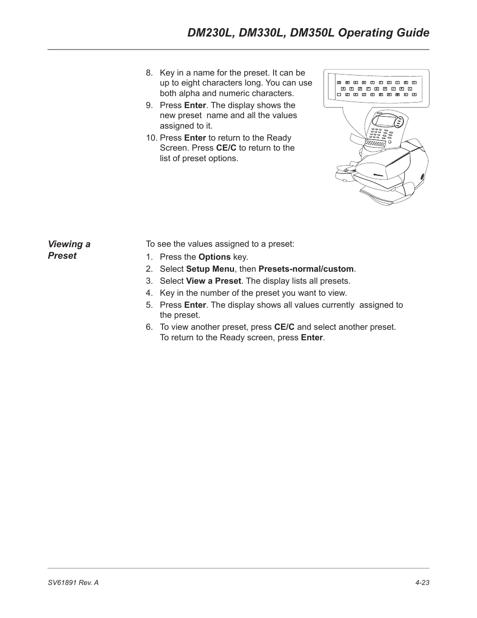 Viewing a preset | Pitney Bowes DM230L User Manual | Page 90 / 158