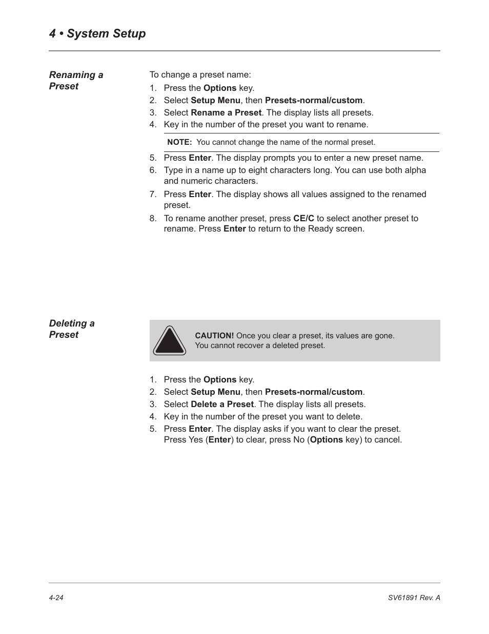 Renaming a preset, Deleting a preset, 4 • system setup | Pitney Bowes DM230L User Manual | Page 91 / 158