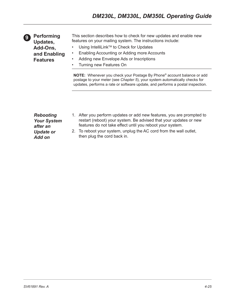 Performing updates, add-ons, and enabling features, Rebooting your system after an update or add on | Pitney Bowes DM230L User Manual | Page 92 / 158