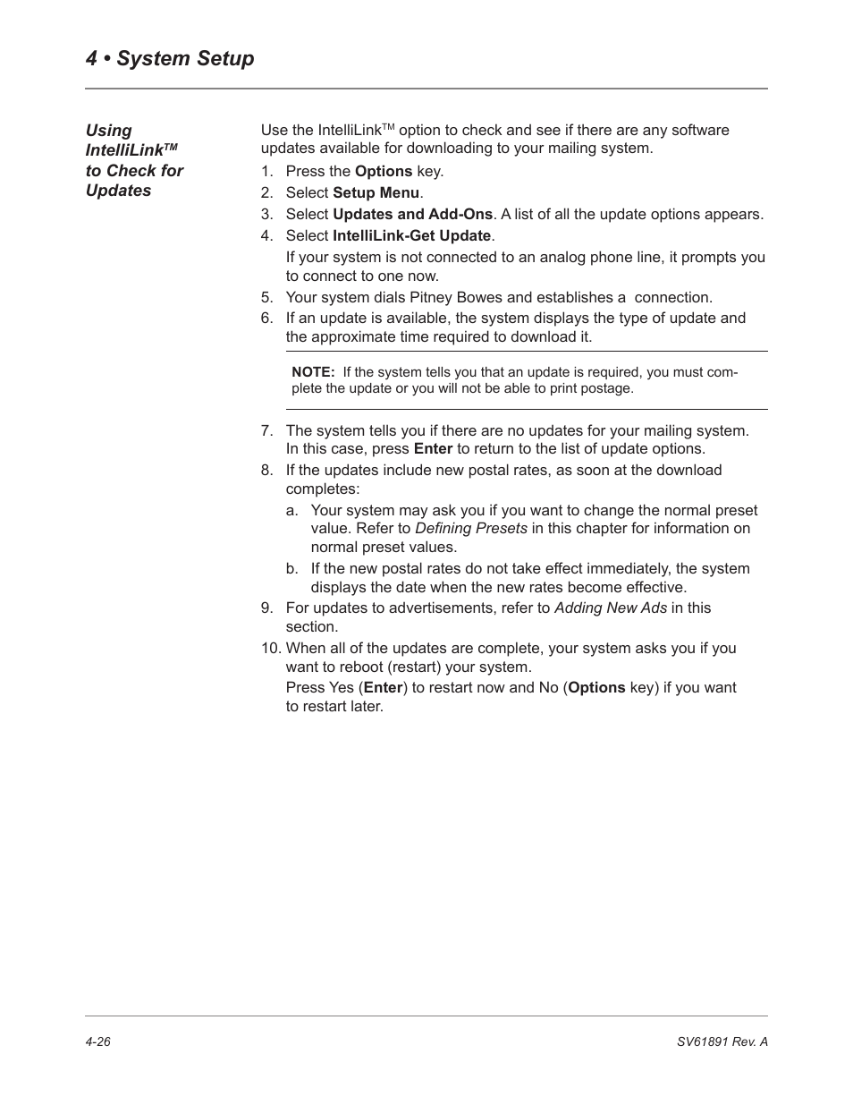 Using intellilinktm to check for updates, 4 • system setup | Pitney Bowes DM230L User Manual | Page 93 / 158