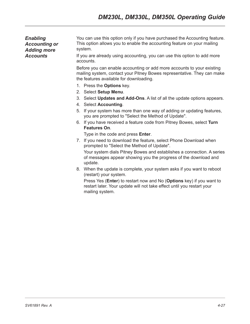 Enabling accounting or adding more accounts | Pitney Bowes DM230L User Manual | Page 94 / 158