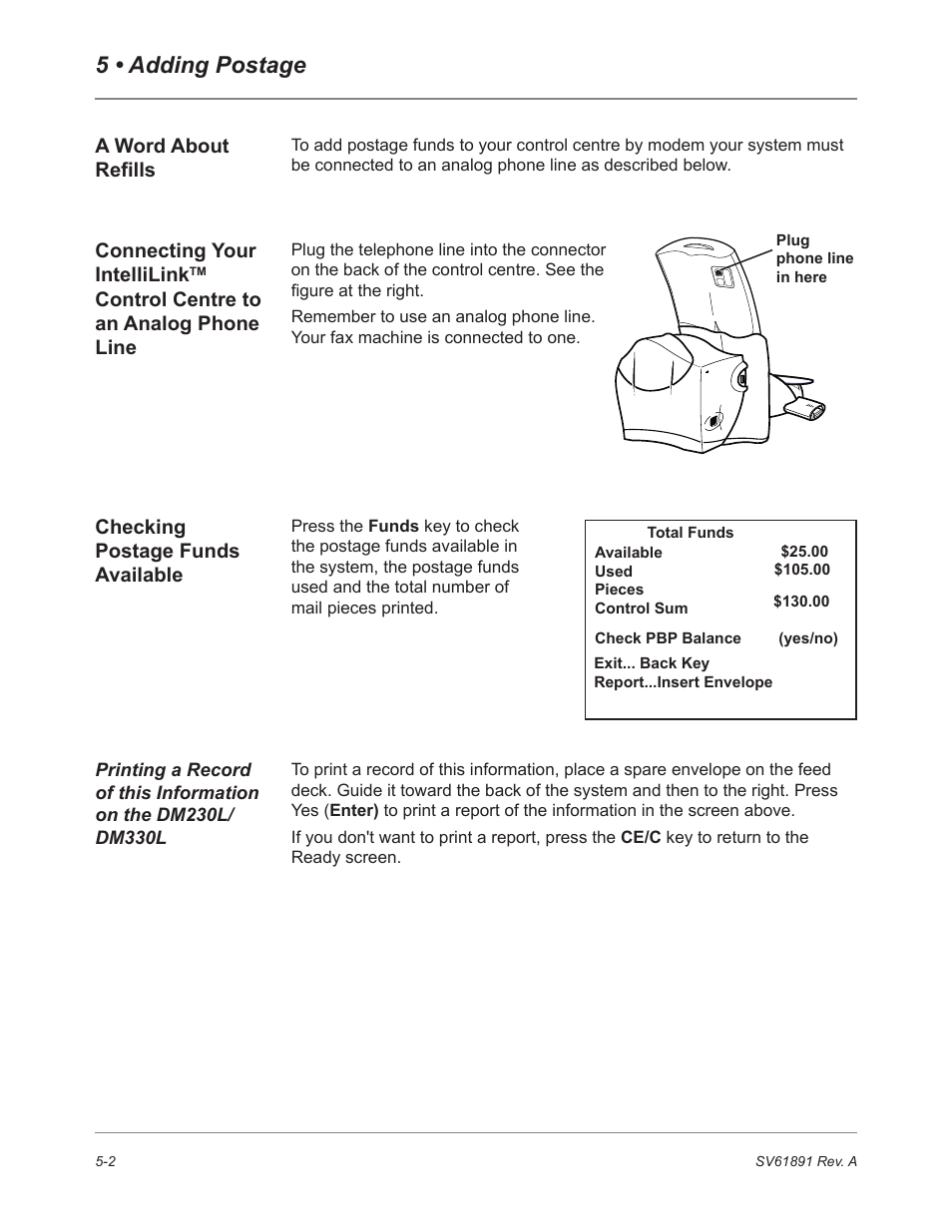 A word about refills, Checking postage funds available, 5 • adding postage | Pitney Bowes DM230L User Manual | Page 99 / 158