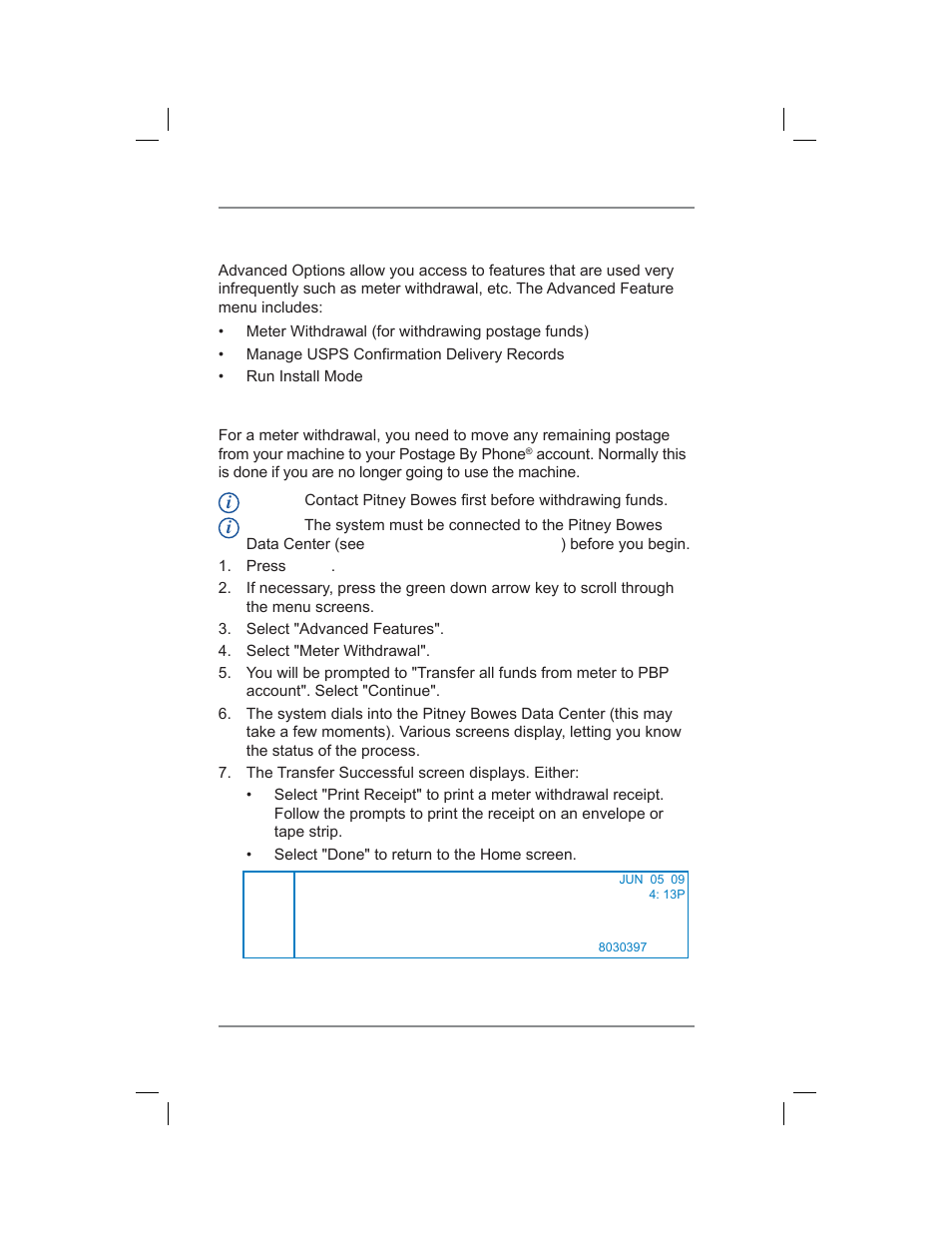 Advanced options, Meter withdrawal (withdrawing postage funds), 7 • system options | Pitney Bowes DM400C User Manual | Page 102 / 196