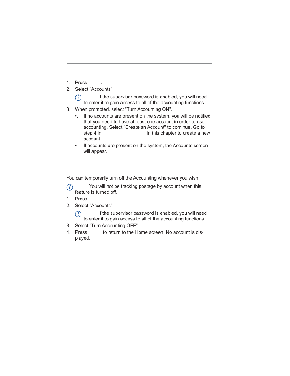 Turning on accounting, Turning off accounting, 8 • standard accounting option | Pitney Bowes DM400C User Manual | Page 112 / 196