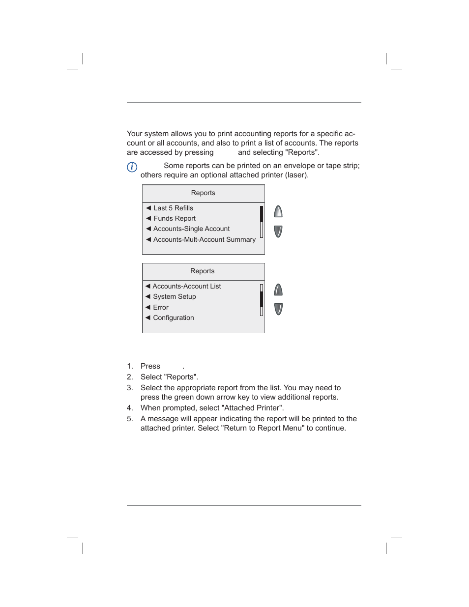 Printing account reports, Printing to an optional attached printer (laser), 8 • standard accounting option | Pitney Bowes DM400C User Manual | Page 119 / 196