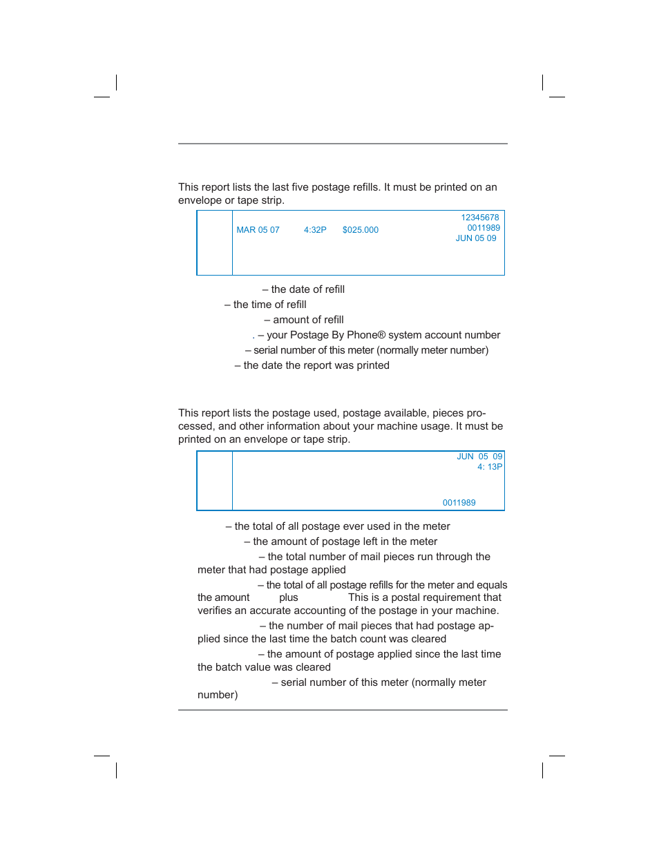 Last 5 refills report, Funds report, 9 • reports | Pitney Bowes DM400C User Manual | Page 127 / 196