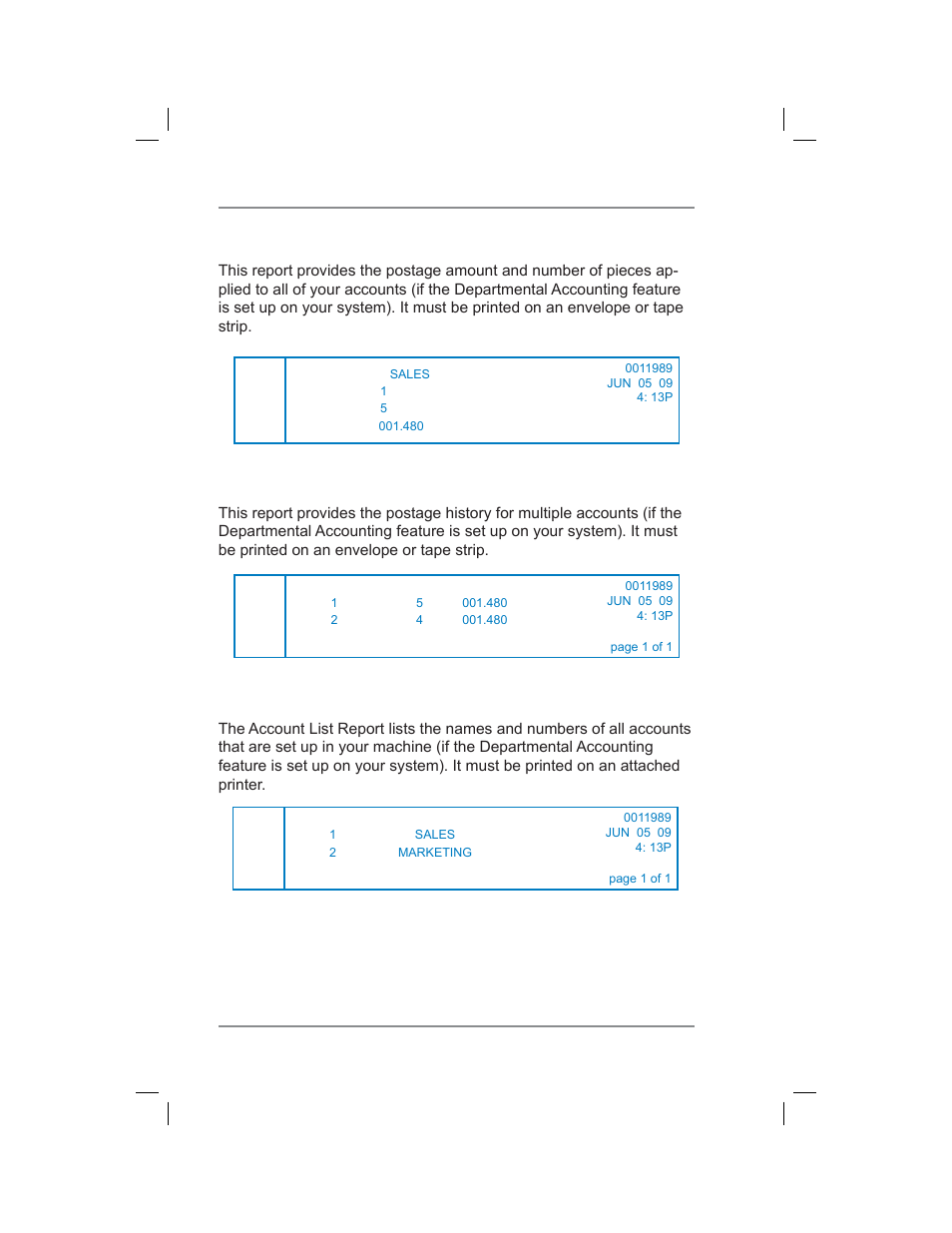 Single accounts report, Multi-account summary report, Account list report | 9 • reports | Pitney Bowes DM400C User Manual | Page 128 / 196