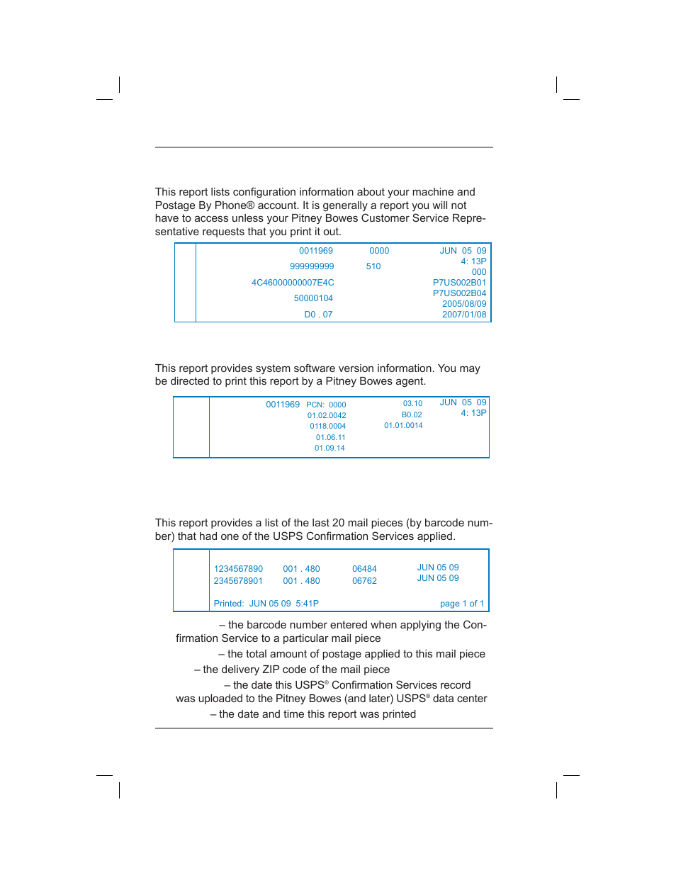 Configuration report, Software version report, Confirmation services report | 9 • reports | Pitney Bowes DM400C User Manual | Page 130 / 196