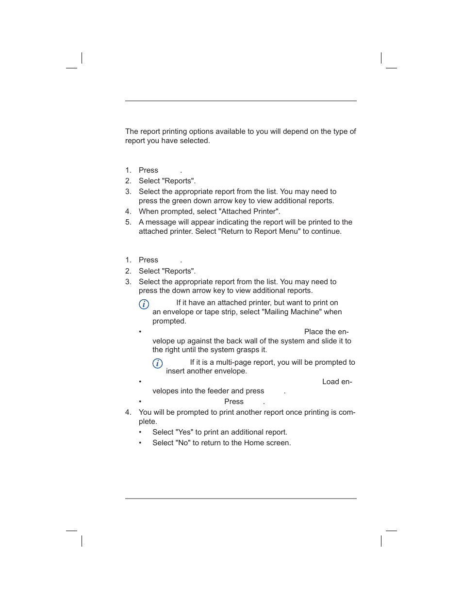 Printing a report, Printing to an attached printer, Printing on an envelope or tape strip | 9 • reports | Pitney Bowes DM400C User Manual | Page 131 / 196