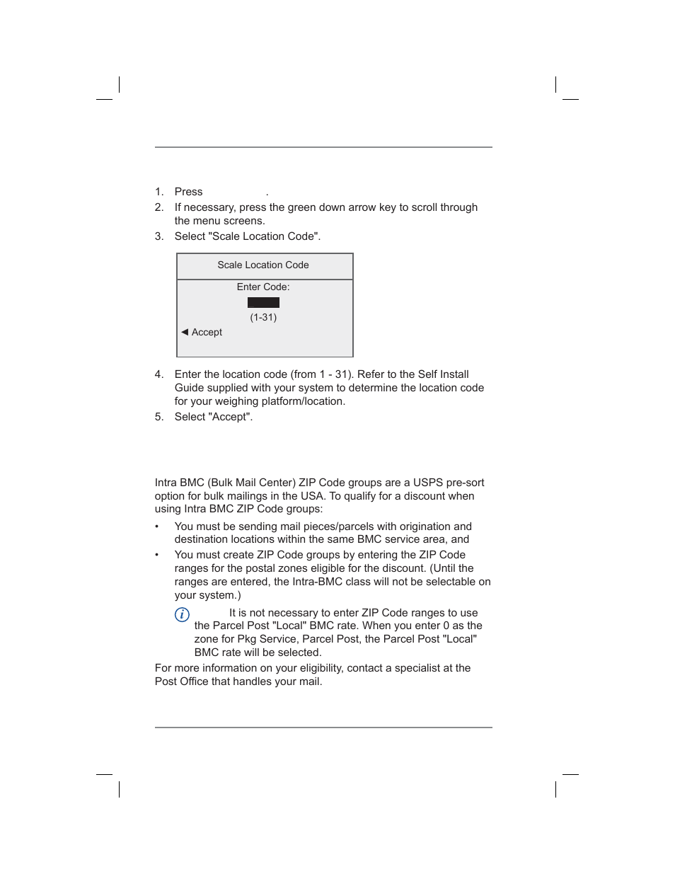 Setting the scale location code, Managing intra bmc zip code groups, 11 • scale options | Pitney Bowes DM400C User Manual | Page 146 / 196