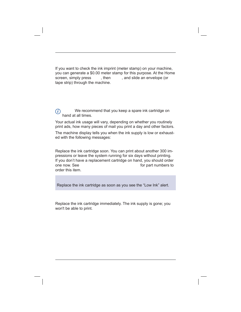 Printing a $0.00 meter stamp, Messages indicating ink cartridge replacement, 12 • maintenance | Pitney Bowes DM400C User Manual | Page 152 / 196