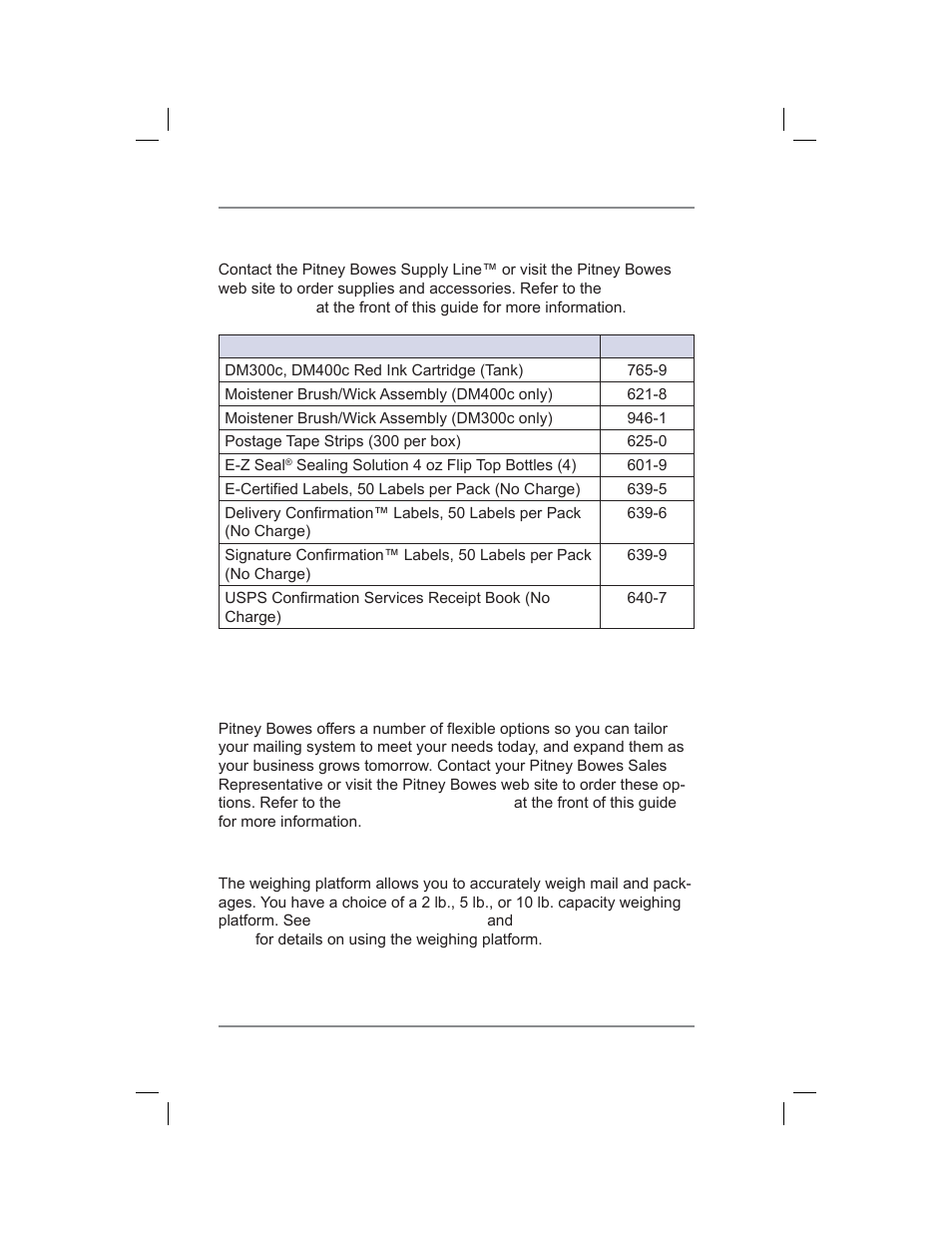 Supplies and accessories, Options, Weighing platform | 14 • supplies and options | Pitney Bowes DM400C User Manual | Page 180 / 196