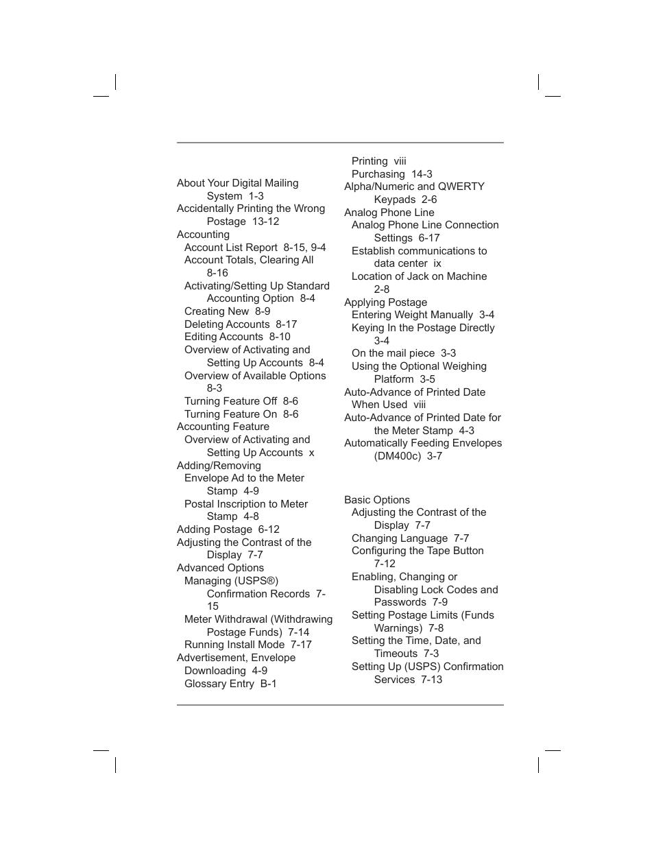 Index | Pitney Bowes DM400C User Manual | Page 187 / 196