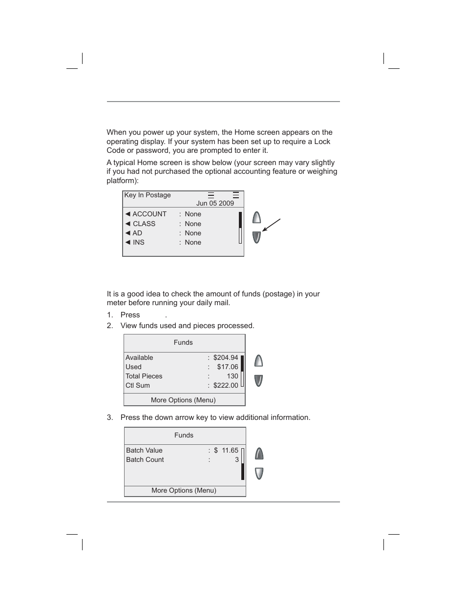 Home screen, Checking funds (postage) availability in machine, 3 • running mail | Pitney Bowes DM400C User Manual | Page 32 / 196