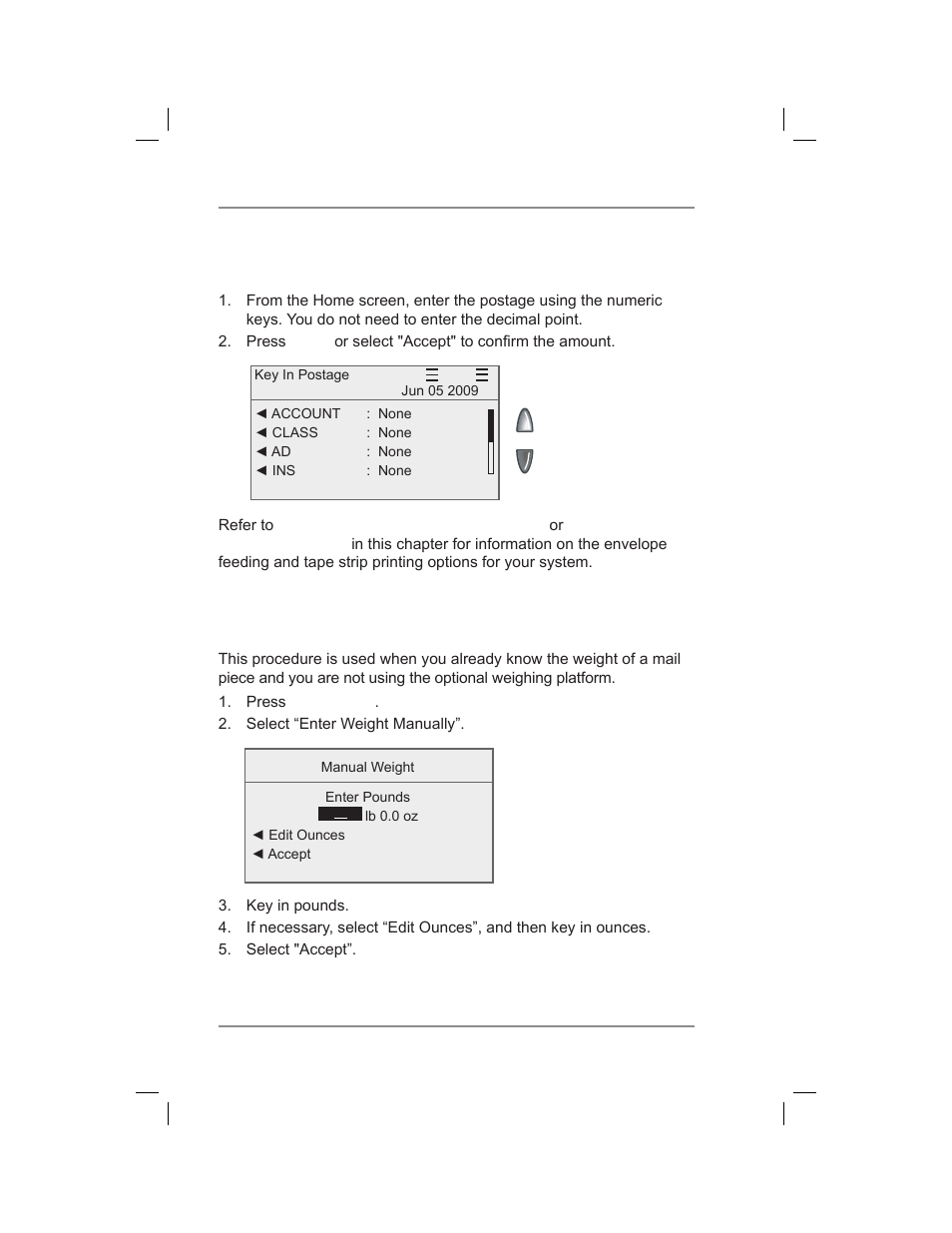 Keying in the postage directly, Entering weight manually, 3 • running mail | Pitney Bowes DM400C User Manual | Page 34 / 196